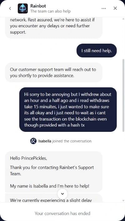 My original Rainbet support message saying I had withdrawn about an hour and a half earlier and could not see the transaction on the blockchain