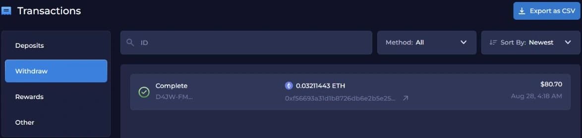 Rainbet transaction history showing the completed 0.03211443 ETH withdrawal, $80.70 and 28 August at 4:18 AM
