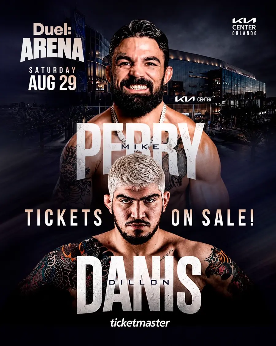 Duel: Arena poster for Saturday August 29 at the Kia Center Orlando, billing Mike Perry against Dillon Danis with tickets on sale through Ticketmaster