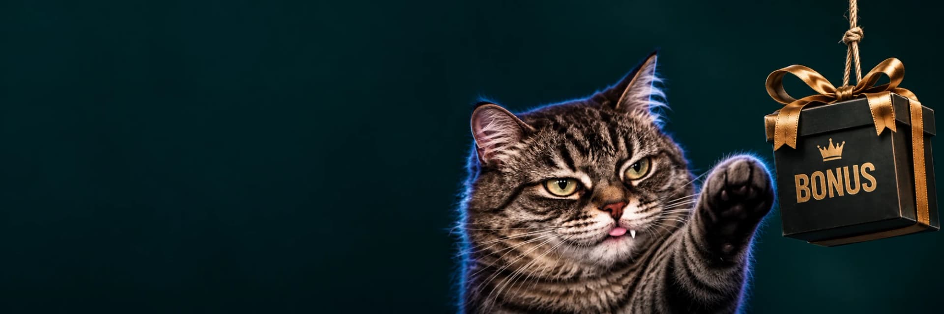 PrincePickles, the DuelVerdict cat, swatting at a gift box marked BONUS that dangles on a rope