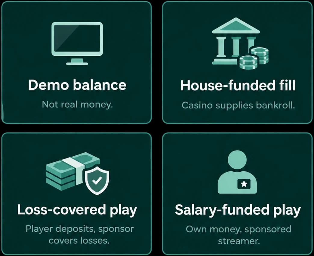 The four balance types. Demo balance: not real money. House-funded fill: the casino supplies the bankroll. Loss-covered play: the player deposits and the sponsor covers the losses. Salary-funded play: their own money, as a sponsored streamer.