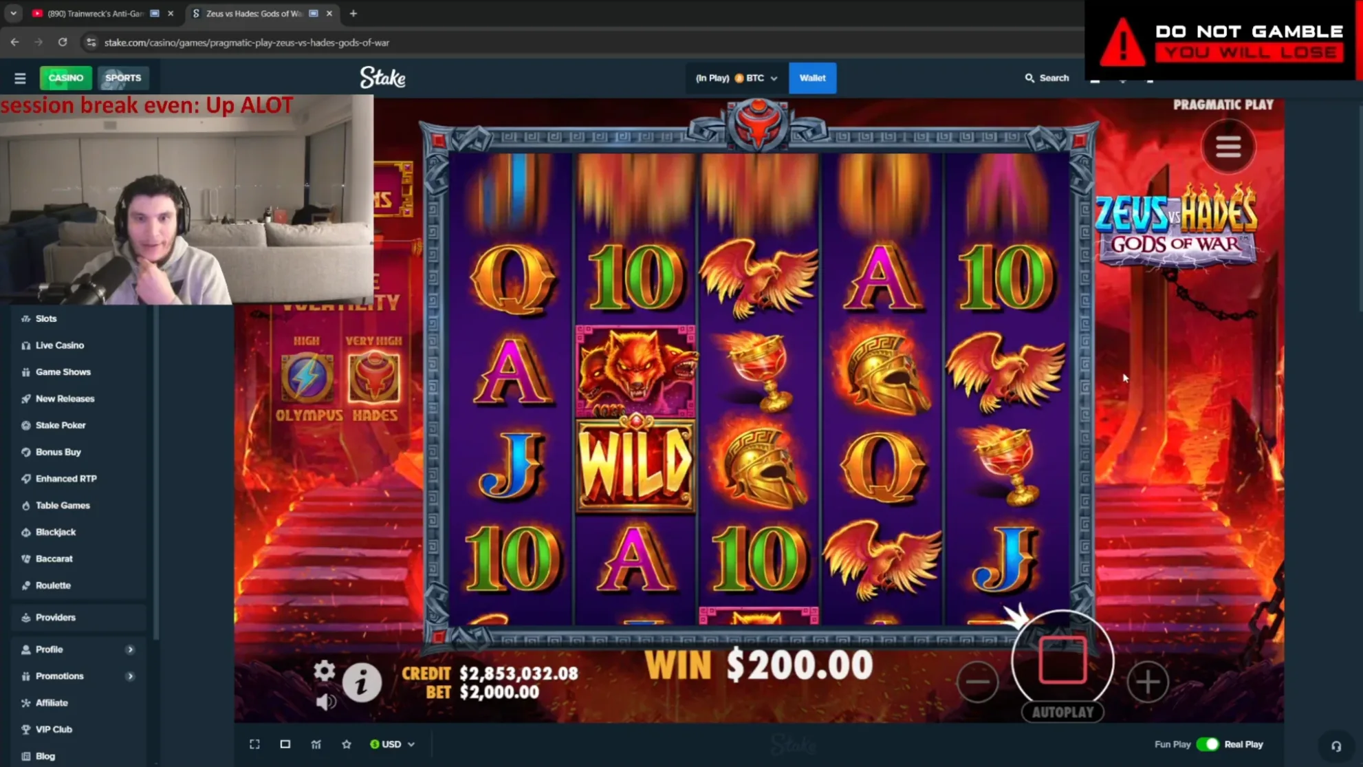 A frame from a Kick clip of Trainwreck’s stream on 24 October 2024, playing Zeus vs Hades: Gods of War on Stake, with a credit of $2,853,032.08, a bet of $2,000.00, a win of $200.00 and the switch set to Real Play.
