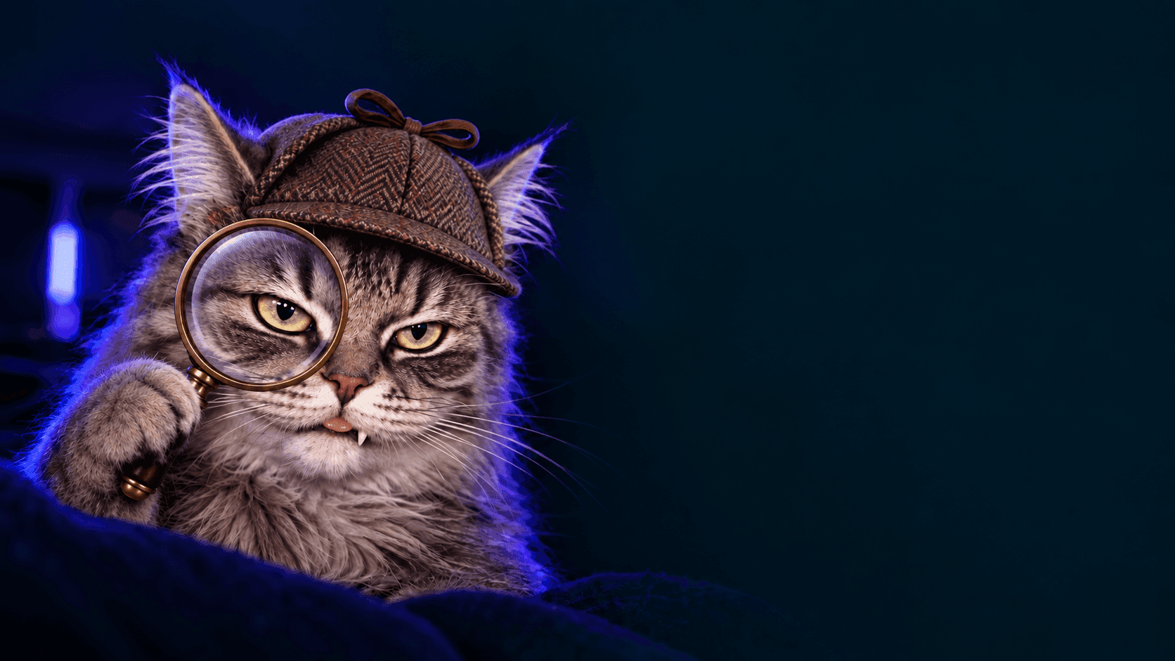 PrincePickles in a detective cap, holding a magnifying glass in a softly lit room