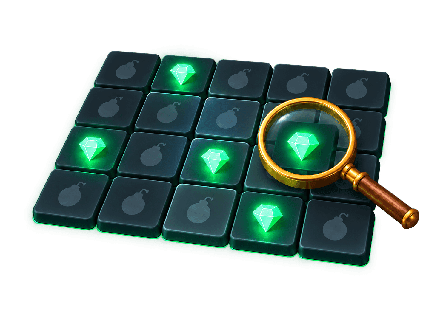 A Mines board with a magnifying glass over one of its gem tiles, showing a finished round being checked