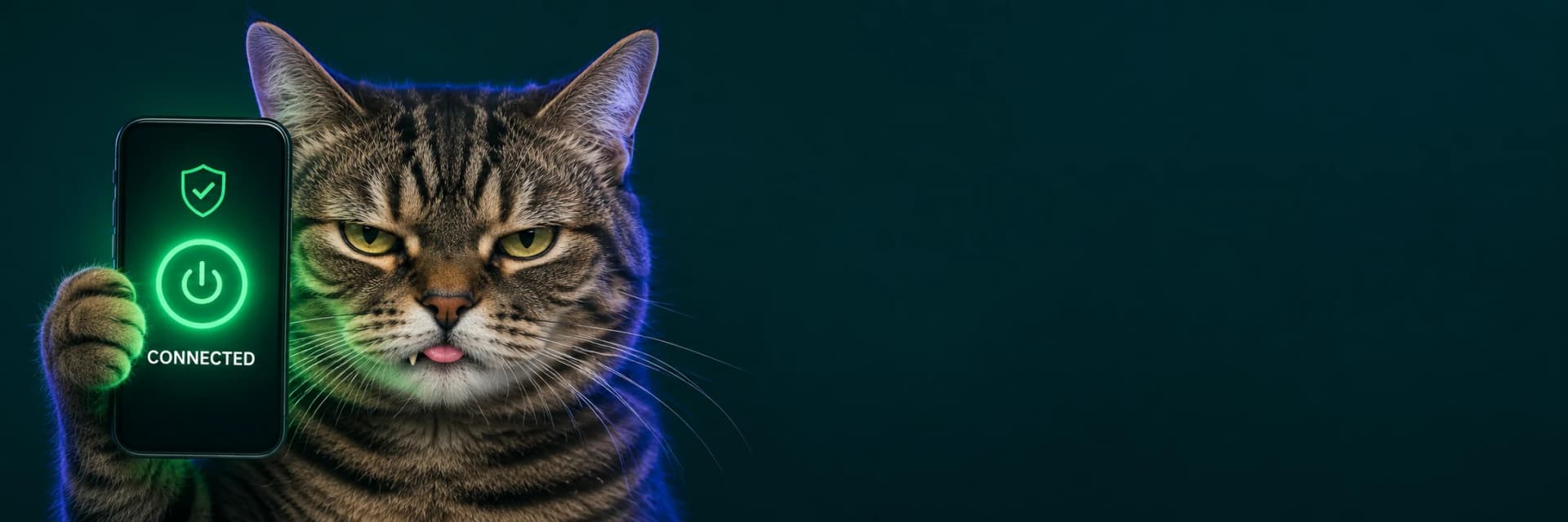 PrincePickles, the DuelVerdict cat, holding up a phone with a VPN connected
