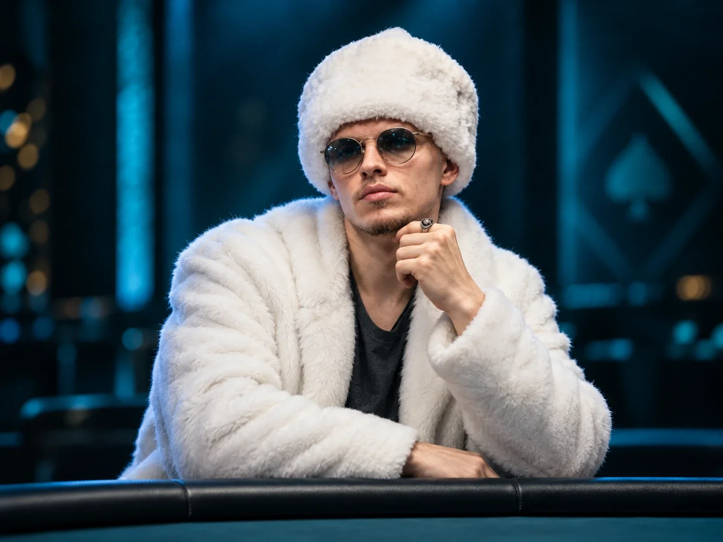 AI-generated illustration of Ossi “Monarch” Ketola at a poker table in a white fur hat, a white fur coat and tinted glasses