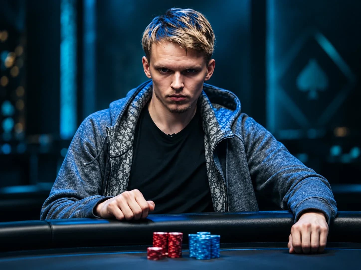 AI-generated illustration of Ossi “Monarch” Ketola in a blue hoodie at a poker table, staring at the camera over stacks of chips