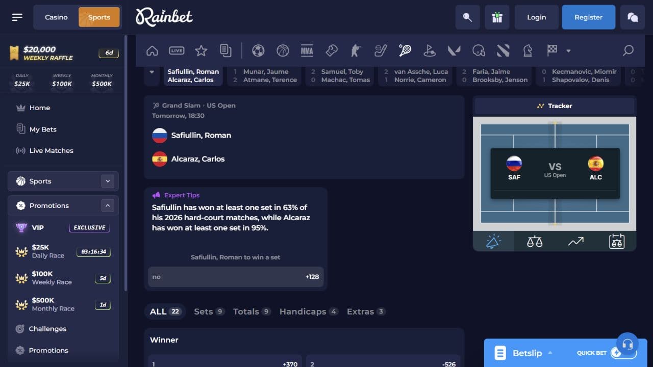 Rainbet match-winner prices, 30 August 2026