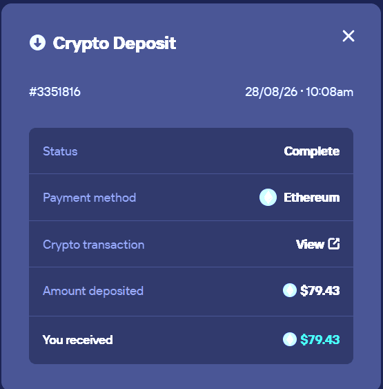 Duel crypto deposit $79.43 complete
