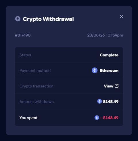 Duel crypto withdrawal about $148.54 complete