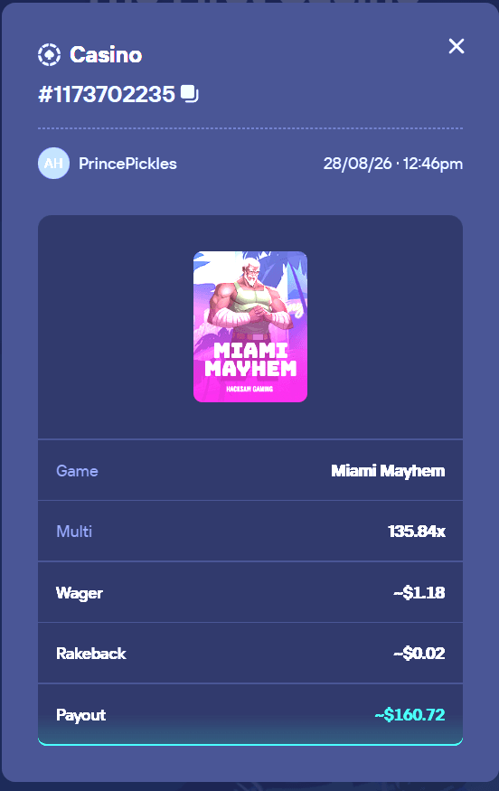 PrincePickles Miami Mayhem bet 135.84x