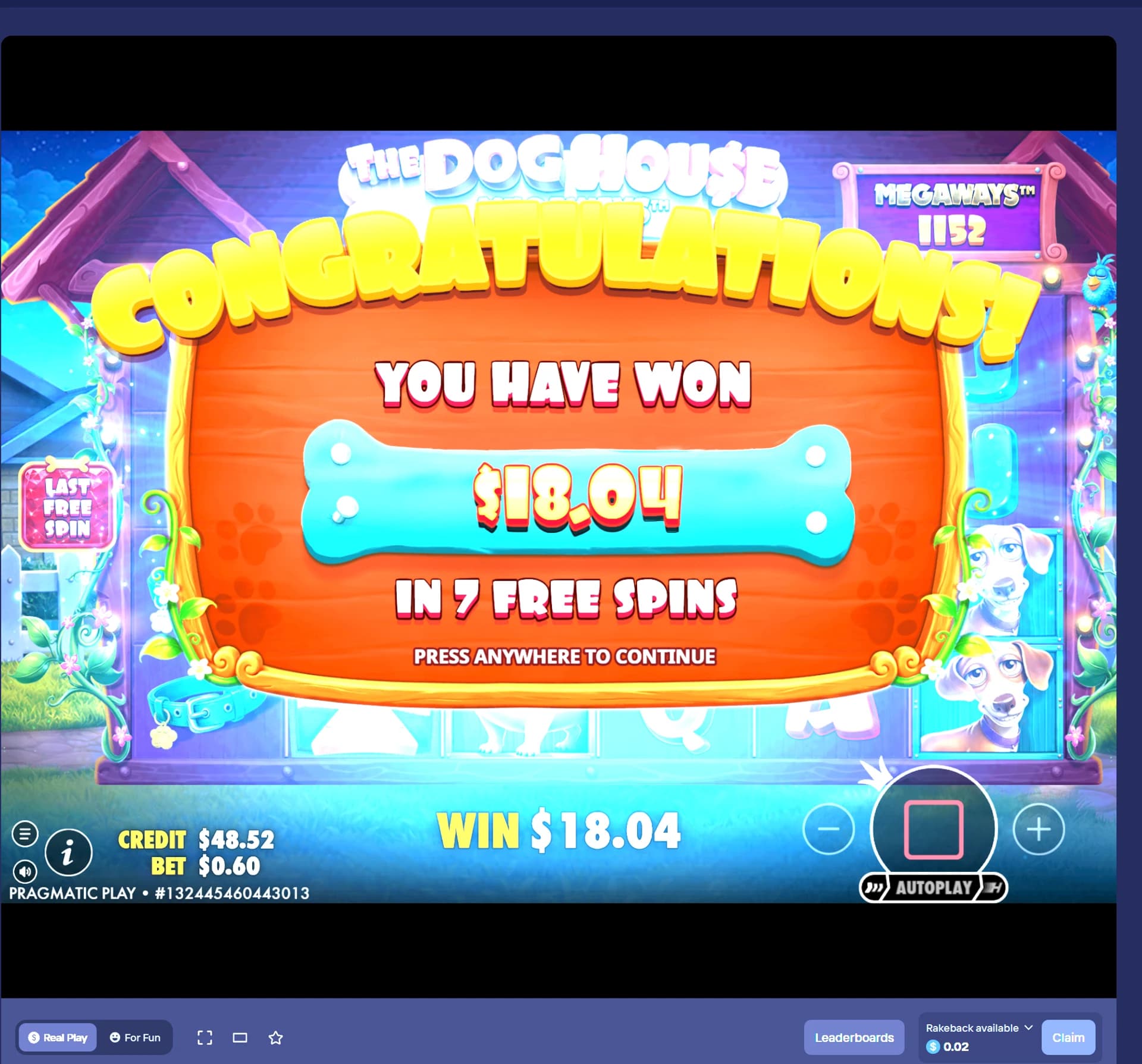 The Dog House Megaways: $18.04 win and $48.52 displayed credit