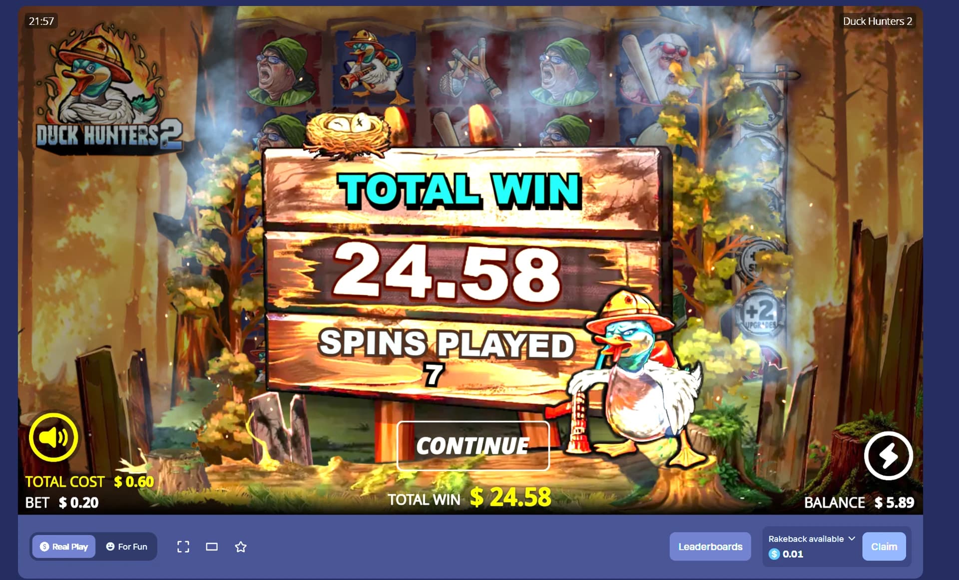 Duck Hunters 2 result: $24.58, with $5.89 still shown in the balance field