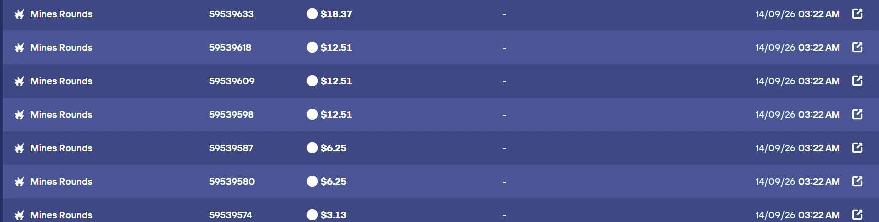 Seven losing Mines bets at 03:22, totalling $71.53