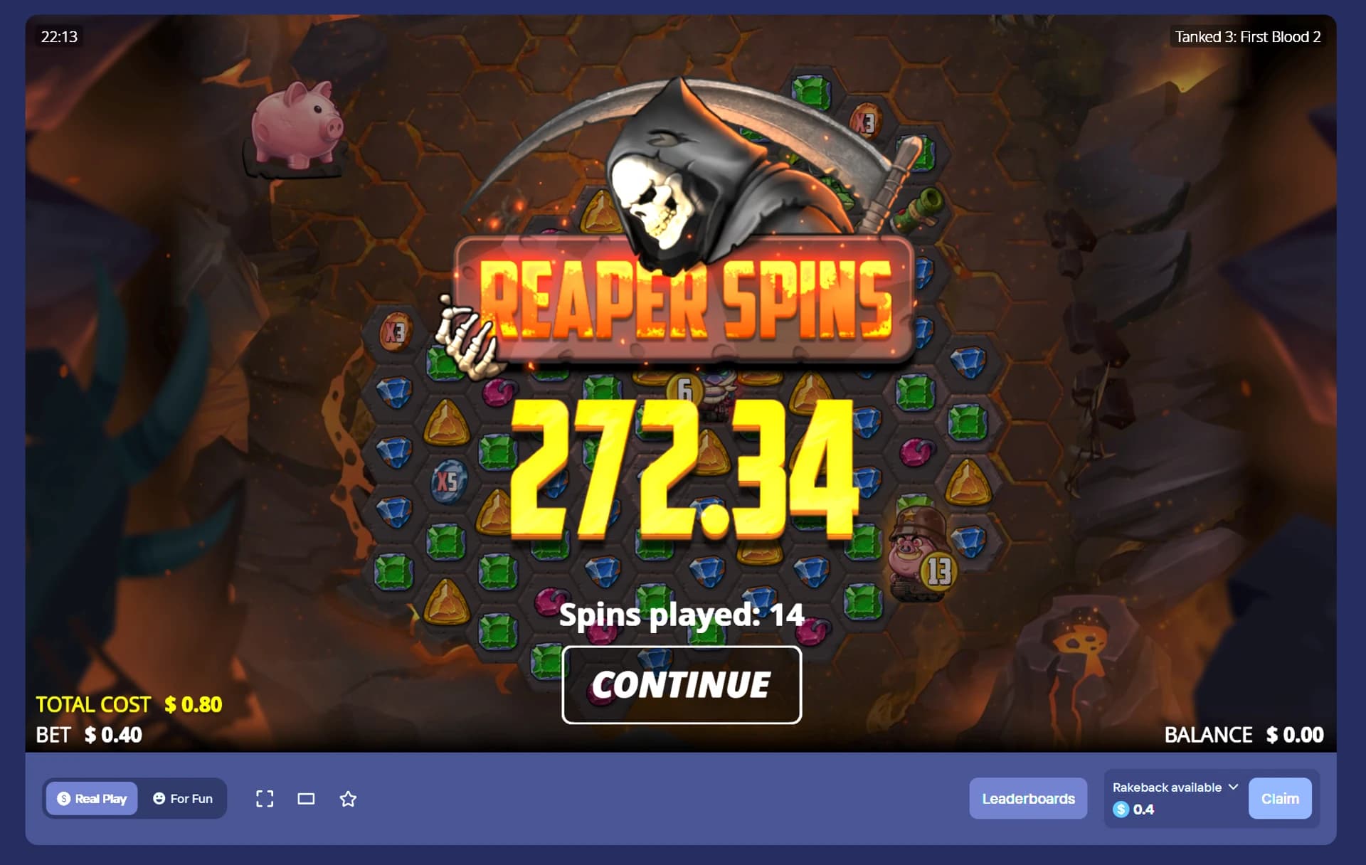 Tanked 3: $272.34 from fourteen Reaper Spins, captured at 22:13
