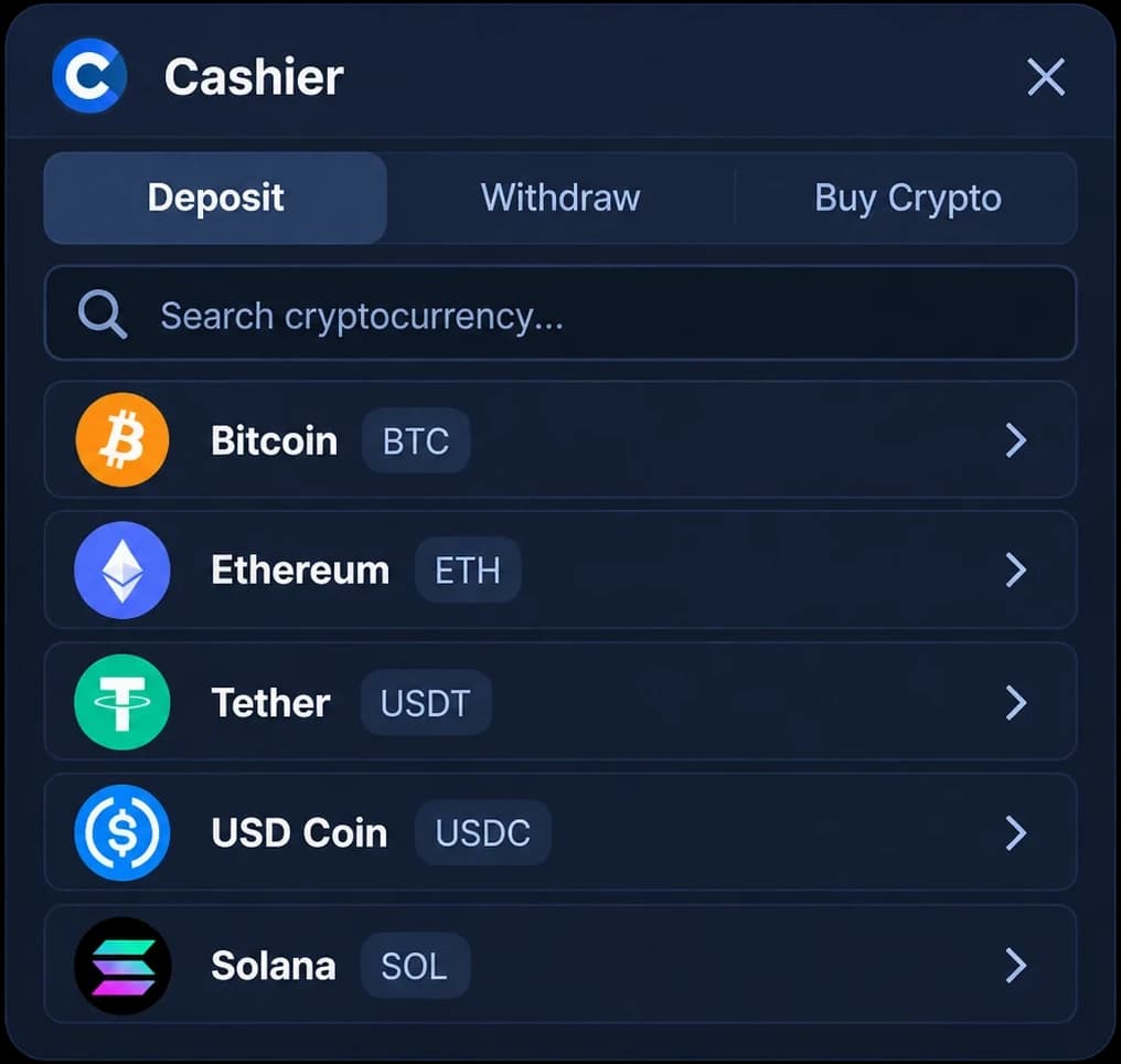 Illustration of Duel’s Cashier on the Deposit tab, listing Bitcoin, Ethereum, Tether, USD Coin and Solana.