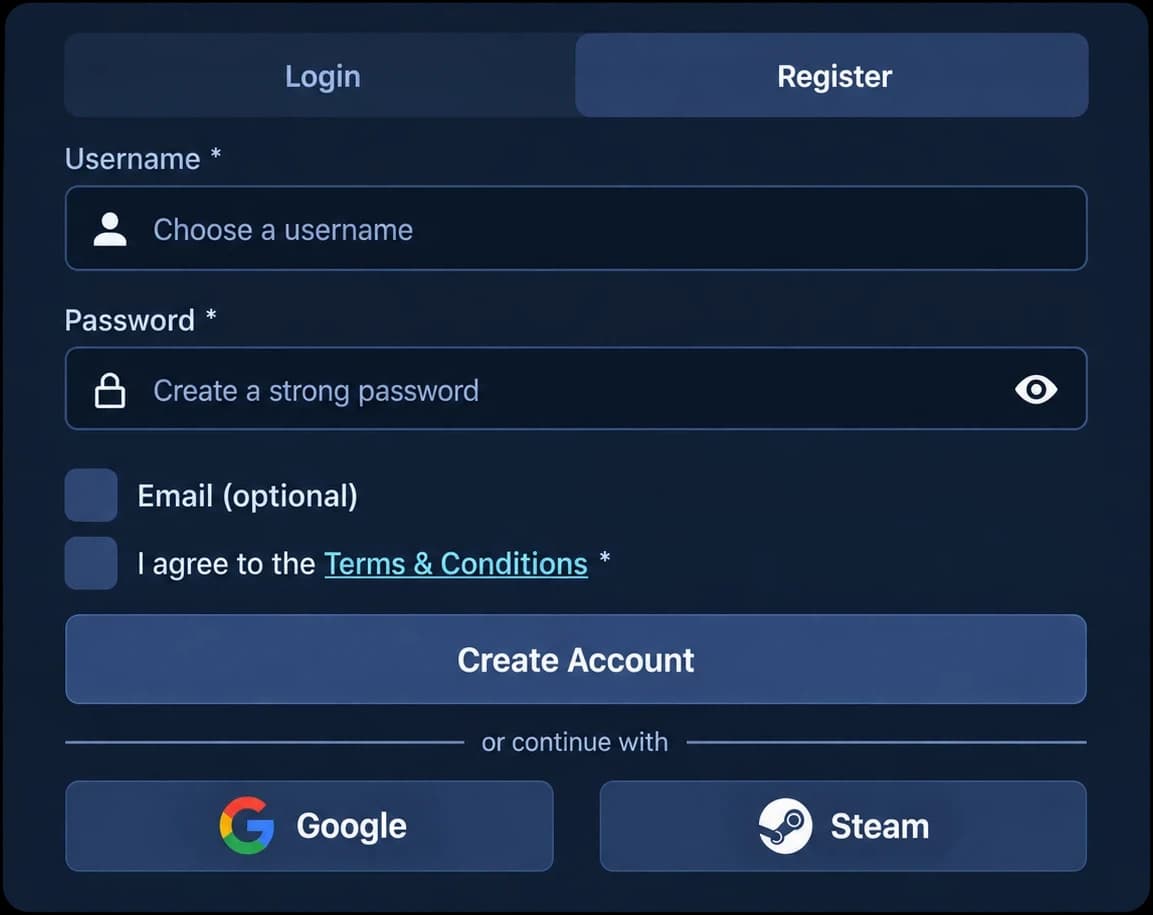 Sign up on Duel. Illustration of Duel’s registration form: username, password, an optional email, the terms checkbox, Create Account, and Google or Steam sign-in.