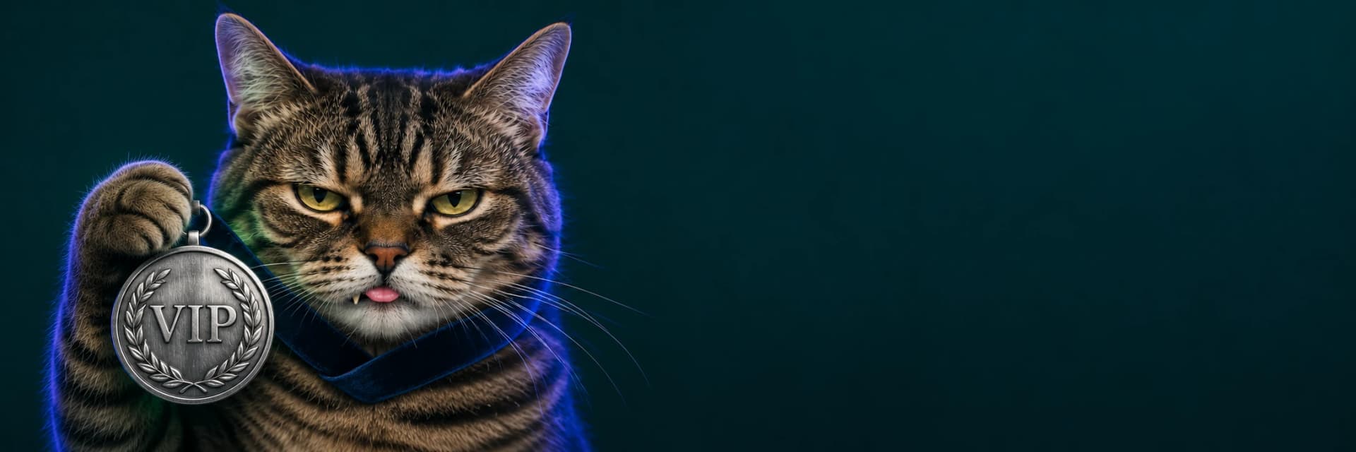 PrincePickles, the DuelVerdict cat, wearing a VIP medal and looking unimpressed